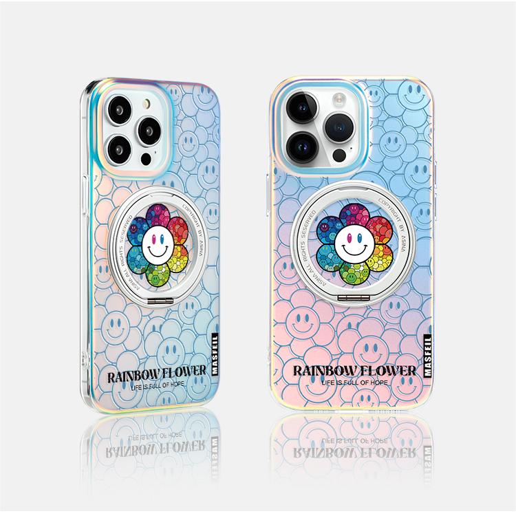 Rainbow Flower iPhone 16 Pro Case with 360° Upgraded Rotatable Magnetic Stand for iphone 15 Slim case with Kickstand