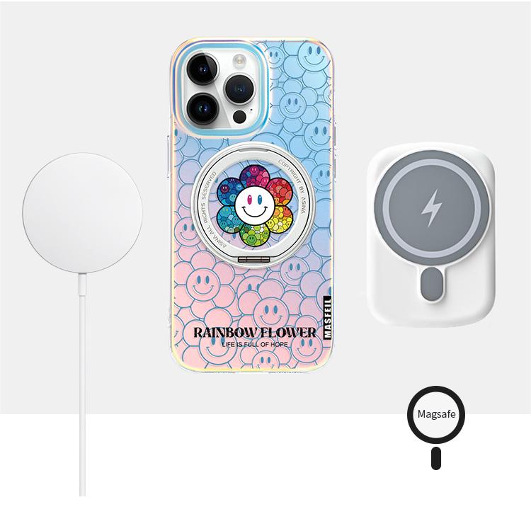 Rainbow Flower iPhone 16 Pro Case with 360° Upgraded Rotatable Magnetic Stand for iphone 15 Slim case with Kickstand