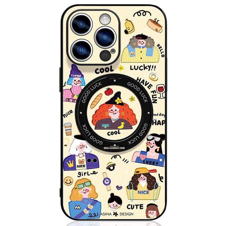 Happy Graffiti iPhone 16 Pro Case with 360° Upgraded Rotatable Magnetic Stand for iphone 15 Slim case with Kickstand