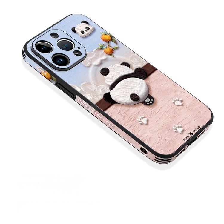 Leather Skin Magsafe iPhone 16 Pro Max Case with Grip for iphone 15 Slim case iphone 14 Case Holder Panda