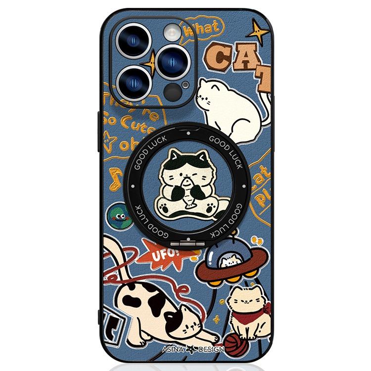 Cartoon Cat iPhone 16 Pro Case with 360° Upgraded Rotatable Magnetic Stand for iphone 15 Slim case with Kickstand