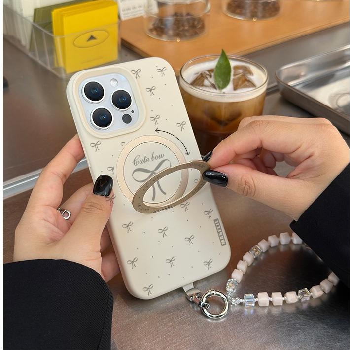 Cute Bow Polka Dot MagSafe Phone Case Grip for iphone 16 iphone 15 Pro case for iphone 14 with Strap