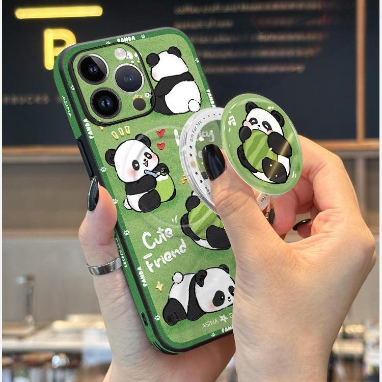 Leather Skin Magsafe iPhone 16 Pro Max Case with Grip for iphone 15 Slim case iphone 14 Case Holder Panda