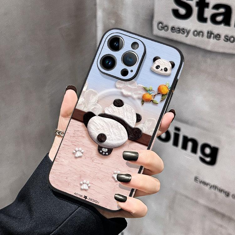 Leather Skin Magsafe iPhone 16 Pro Max Case with Grip for iphone 15 Slim case iphone 14 Case Holder Panda