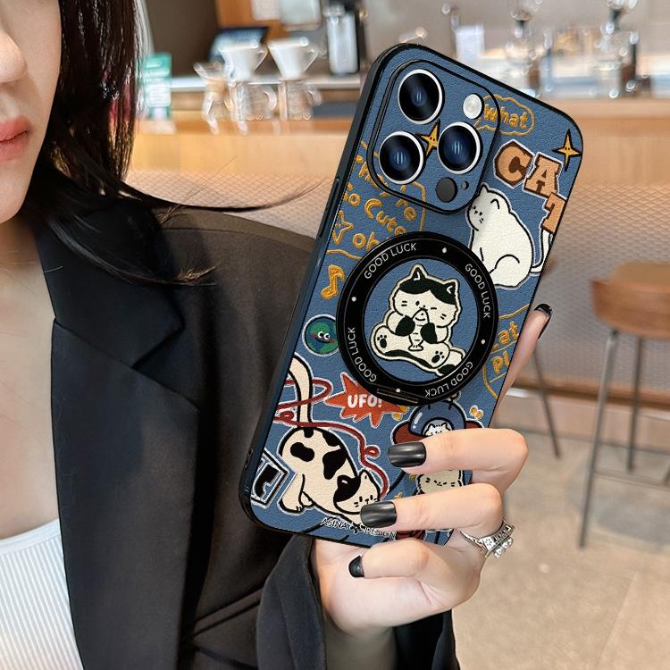 Cartoon Cat iPhone 16 Pro Case with 360° Upgraded Rotatable Magnetic Stand for iphone 15 Slim case with Kickstand