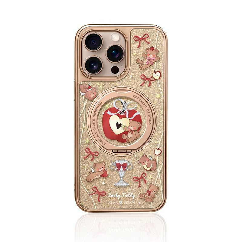 Sparkle Glitter Teddy Bear iPhone 16 Pro Case with 360° Upgraded Rotatable Magnetic Stand for iphone 15 Slim case