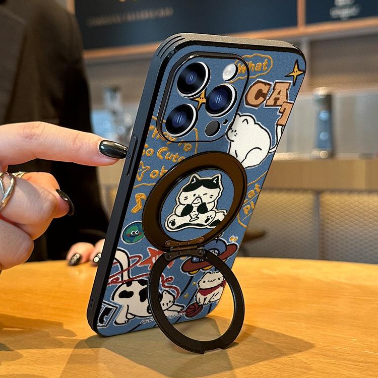 Cartoon Cat iPhone 16 Pro Case with 360° Upgraded Rotatable Magnetic Stand for iphone 15 Slim case with Kickstand