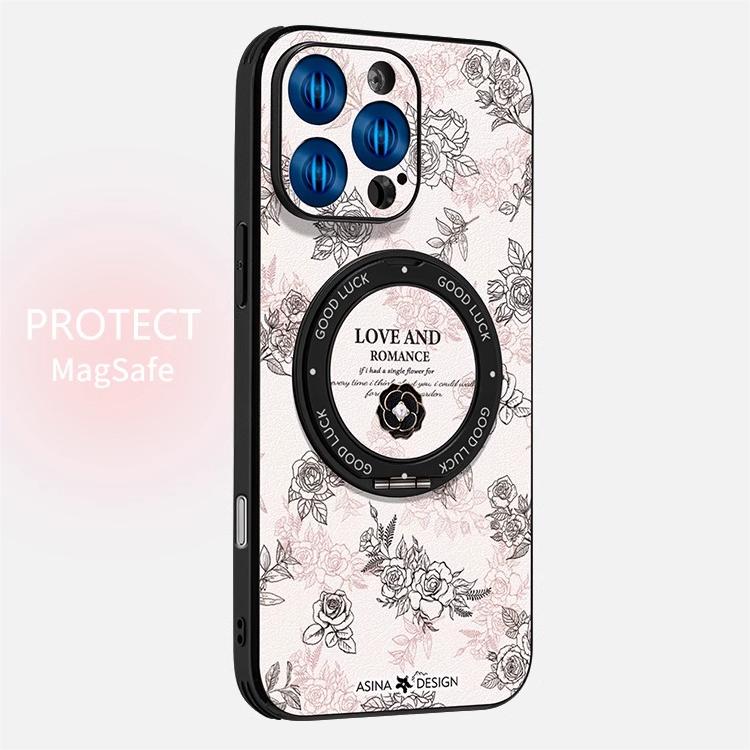 Leather Skin iPhone 16 Pro Case with Rotatation Stand for iphone 15 Slim case with Kickstand Love Flower