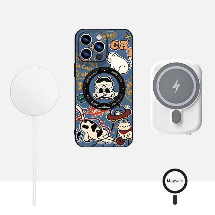 Cartoon Cat iPhone 16 Pro Case with 360° Upgraded Rotatable Magnetic Stand for iphone 15 Slim case with Kickstand