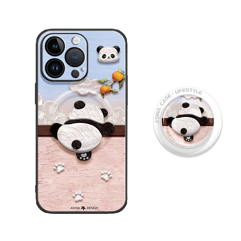 Leather Skin Magsafe iPhone 16 Pro Max Case with Grip for iphone 15 Slim case iphone 14 Case Holder Panda