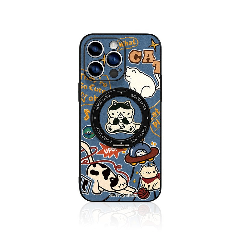 Cartoon Cat iPhone 16 Pro Case with 360° Upgraded Rotatable Magnetic Stand for iphone 15 Slim case with Kickstand