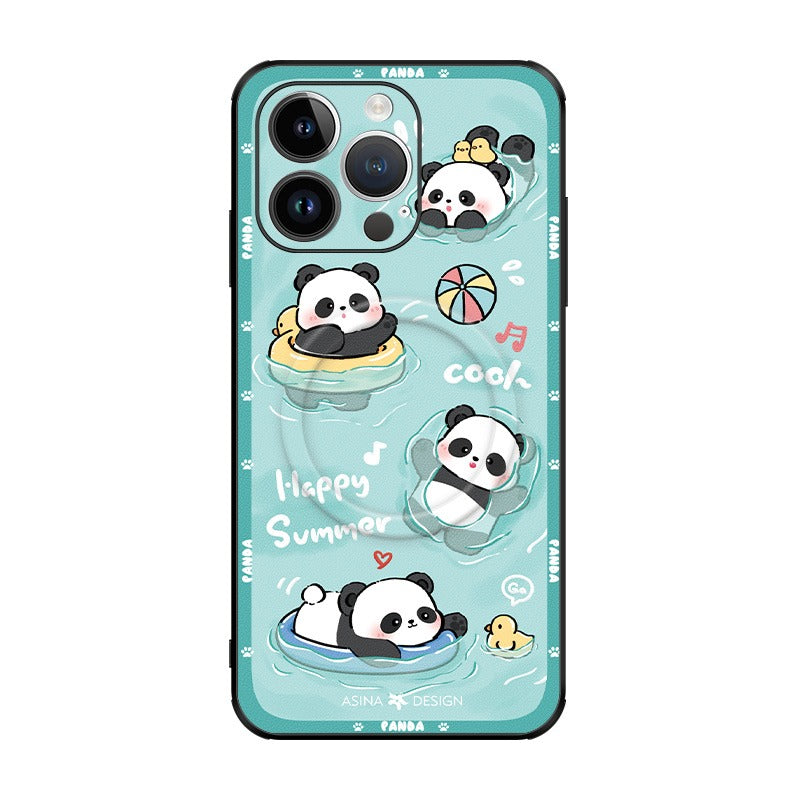 Leather Skin Magsafe iPhone 16 Pro Max Case with Grip for iphone 15 Slim case iphone 14 Case Holder Panda