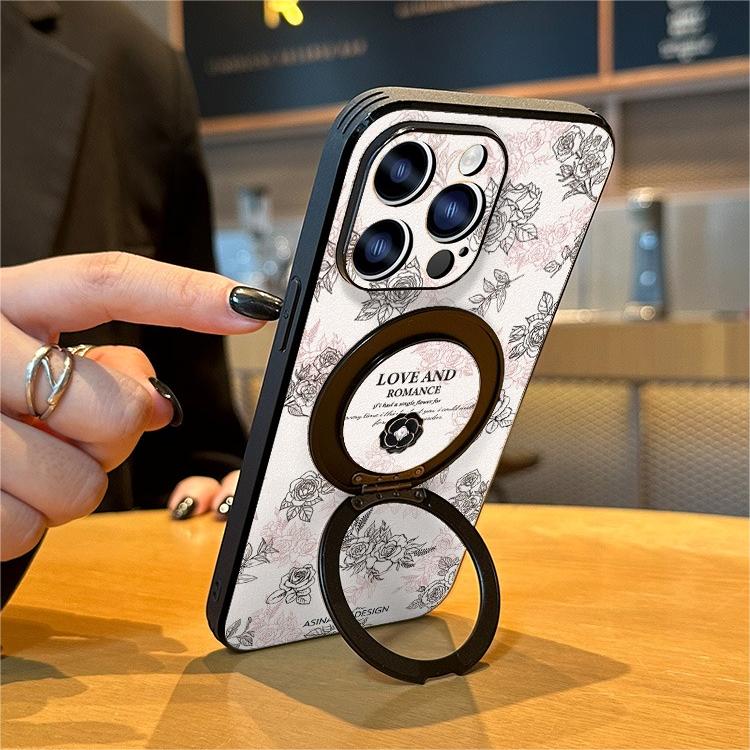 Leather Skin iPhone 16 Pro Case with Rotatation Stand for iphone 15 Slim case with Kickstand Love Flower