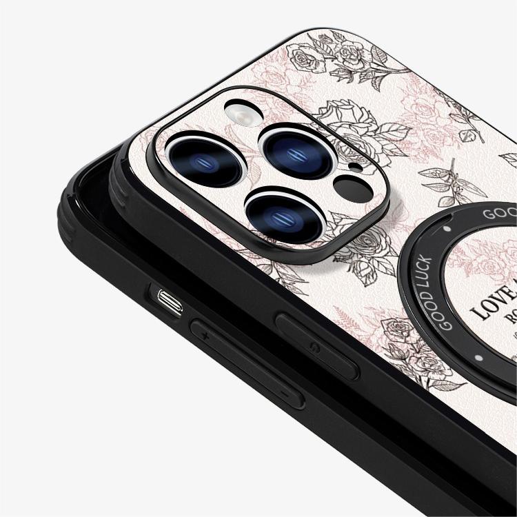 Leather Skin iPhone 16 Pro Case with Rotatation Stand for iphone 15 Slim case with Kickstand Love Flower