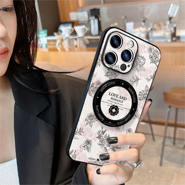 Leather Skin iPhone 16 Pro Case with Rotatation Stand for iphone 15 Slim case with Kickstand Love Flower