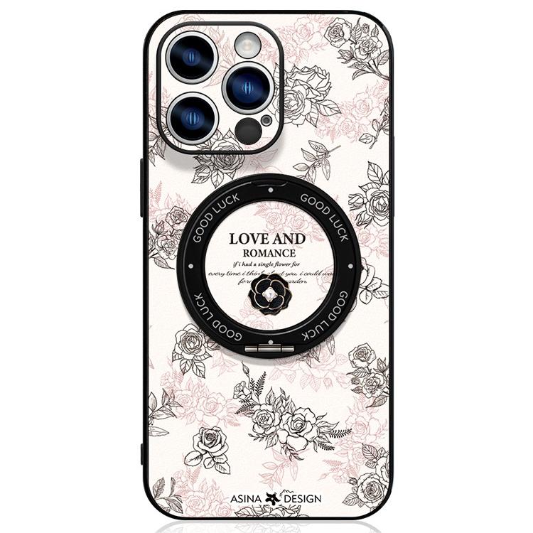 Leather Skin iPhone 16 Pro Case with Rotatation Stand for iphone 15 Slim case with Kickstand Love Flower