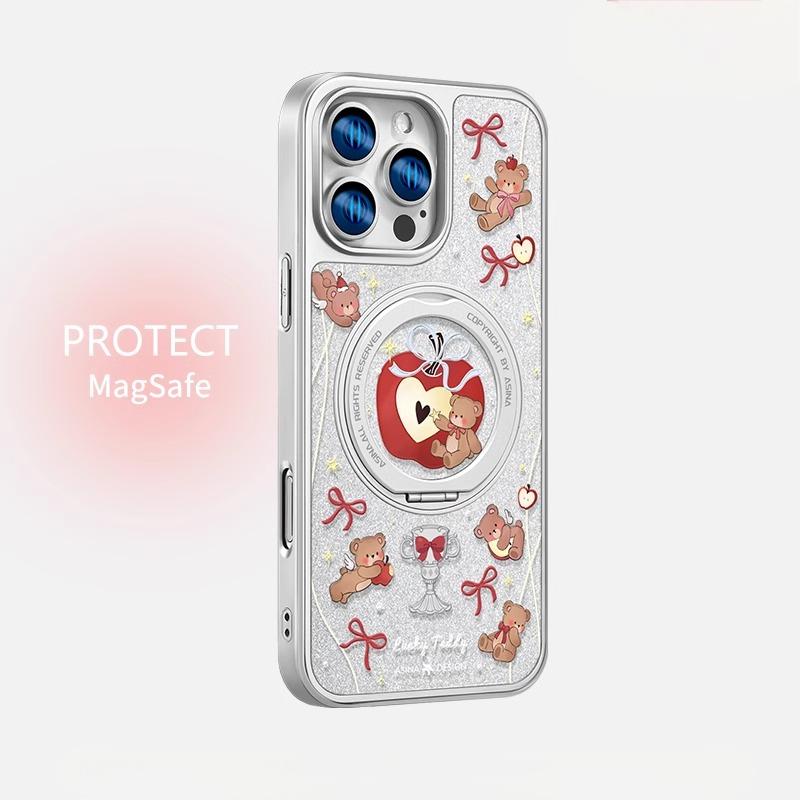 Sparkle Glitter Teddy Bear iPhone 16 Pro Case with 360° Upgraded Rotatable Magnetic Stand for iphone 15 Slim case